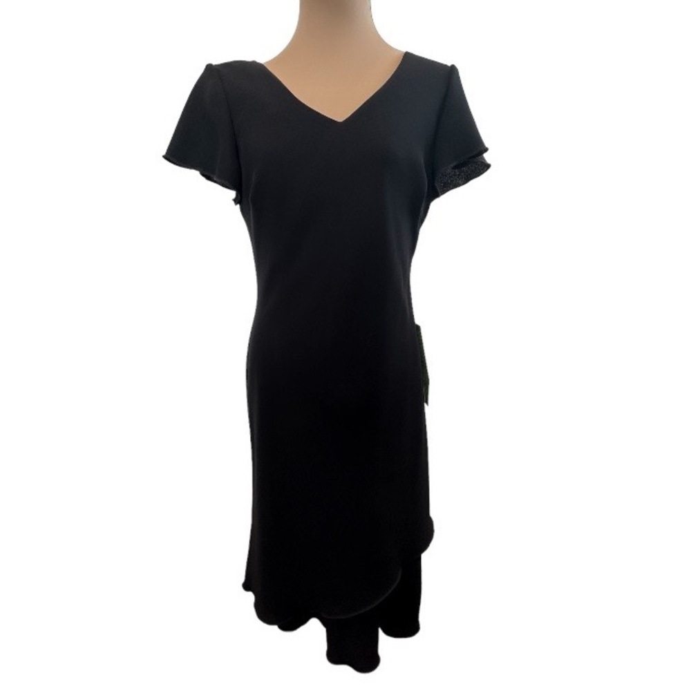 LBD Little Black Dress Classic Timeless Flutter Sleeve Layered Hem V Neck Size 6